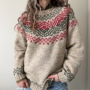 Vintage Tan Fair Isle Knit Sweater with Red & Green Pattern